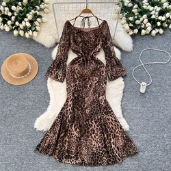 Elegant Long Flare Sleeve Vintage Slash Neck Halter Chic Leopard Slim Mermaid Dress Hotsweet Evening High Street Autumn Clothing