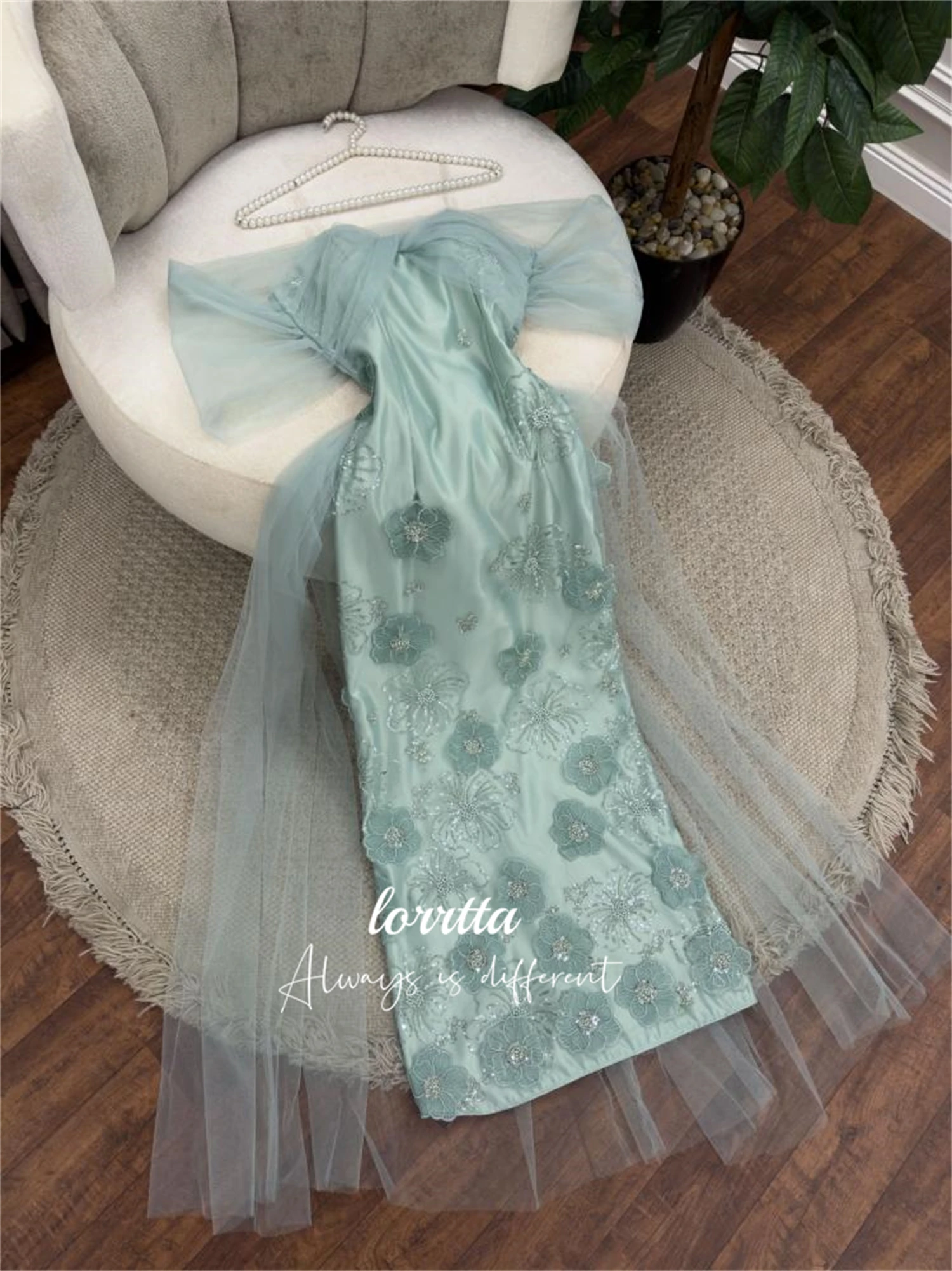 Lorrtta Graduation Gown Satin Eid Dress 3D Flower Decoration Mesh Evening Wedding Party Dresses for Special Events Ball Gowns