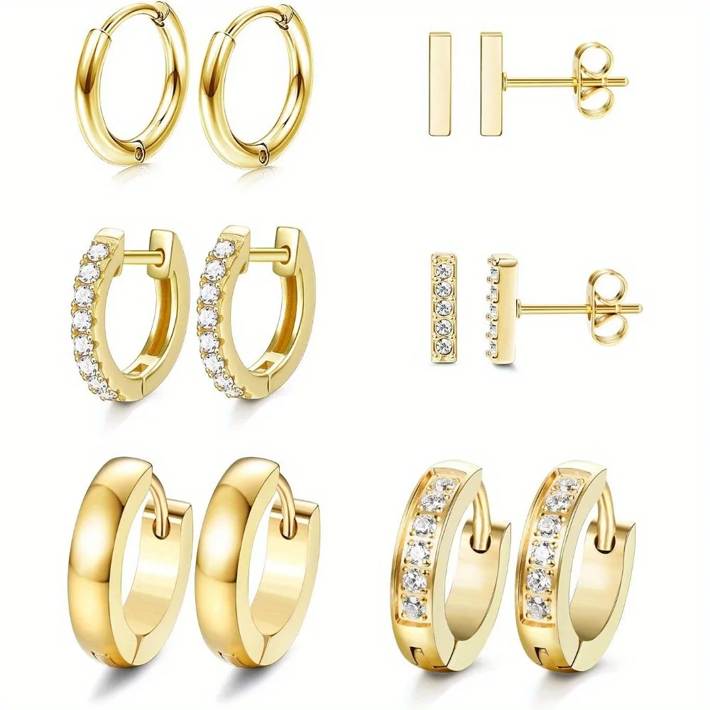 

Drperfect 6Pairs Hoop Huggie Earrings for Women Minimalist Cuff Mini Bar Stud Earrings Cubic Zirconia Small Ear Piercing Set