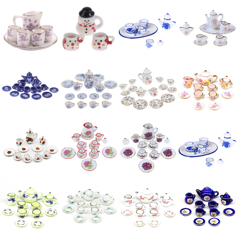 1/12 Miniature Ceramic Teaware Kitchen Teapot Tea Cup Plate Tableware Ornaments Dollhouse Furniture Toys Dining Ware