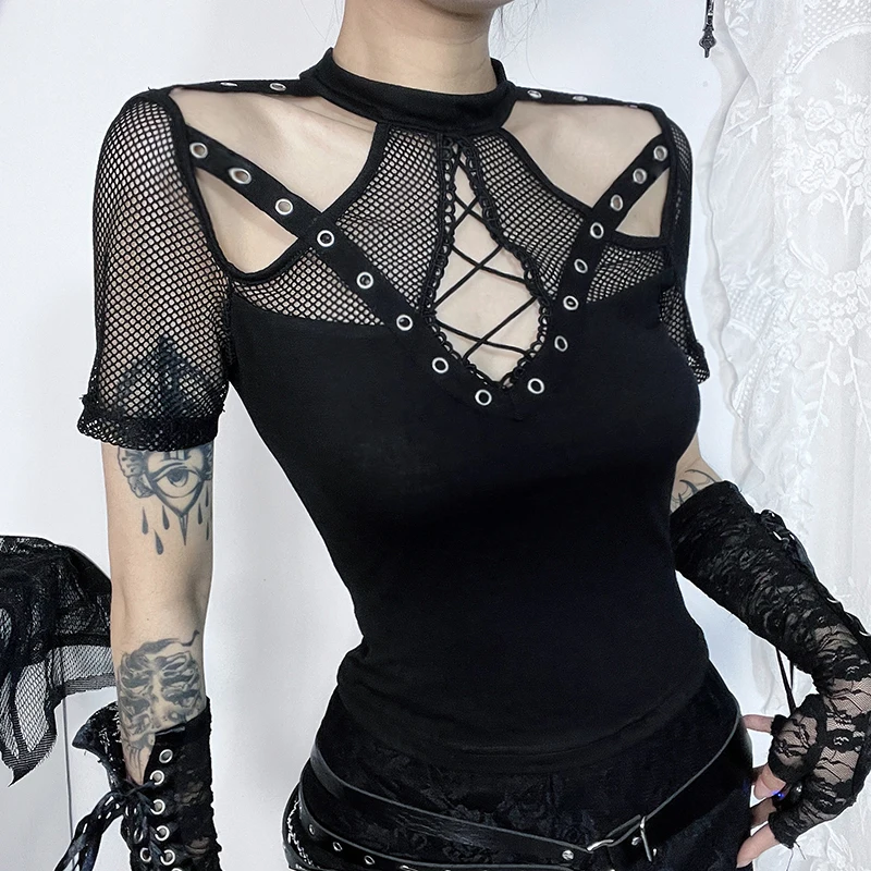 Women\'s Gothic Tops New Fashion Tops Punk Solid Color Print Music Festival Punk Fishing Net Short Sleeve Tops