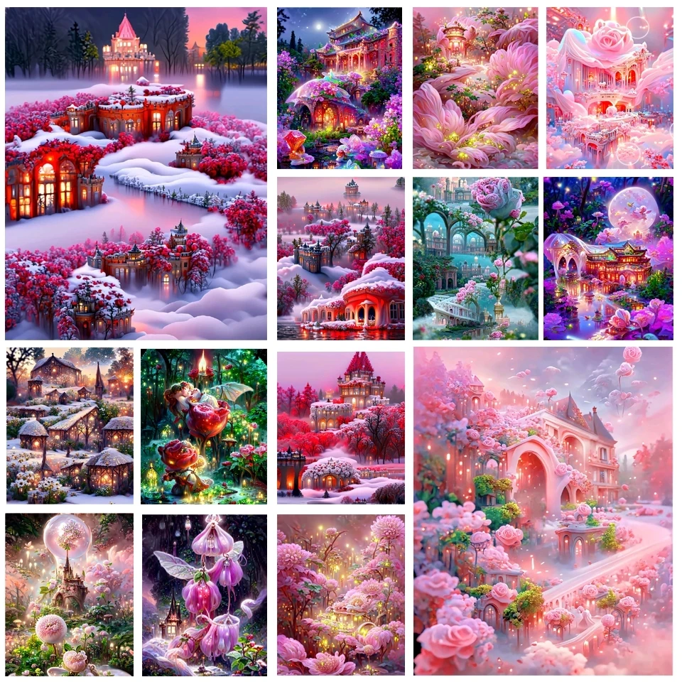 

Diamond Painting Romantic Wedding Flower House DIY 5D Rhinestone Diamond Embroidery Snow Rose Castle Mosaic Cross Stitch A158