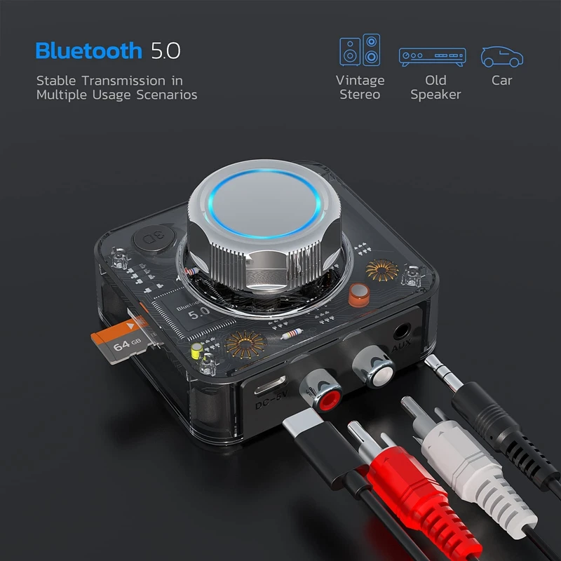 Bluetooth-audio-ontvanger, stereo draadloze audio-adapter, stereo-ontvanger 3D-basmodus voor muziekstreaming stereosysteem