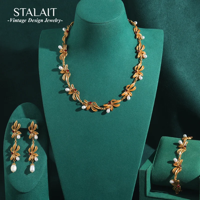 

Vintage Freshwater Pearls Orchid Flower Jewelry Set High Quality Necklace Earring Bracelet Gold Color Accessories For Woman