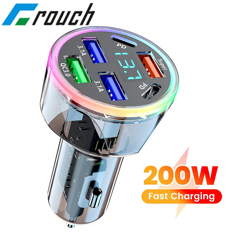 200W 2 Type C+4 USB Ports Car Charger PD QC 3.0 Super Fast Charging Voltage Monitor Colorful Light Universal Car Phone Charger