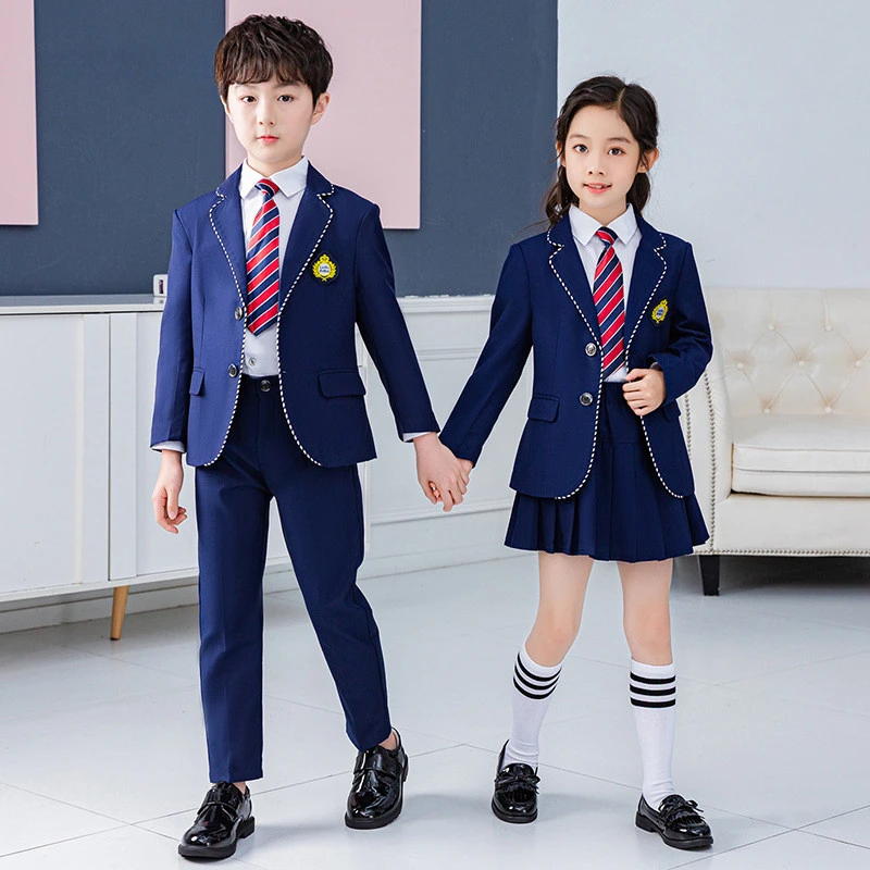 Boys School Uniform Girls Korean Navy Jacket Skirt Shirt Tie Suits Kids Formal Dress Tuxedo Clothes Sets Child Students Outfits