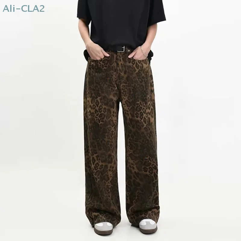 2024 New Tan Leopard Jeans Women&Men Loose Casual Denim Pants Female Oversize Wide Leg Trousers Street Wear Hip Hop Vintage