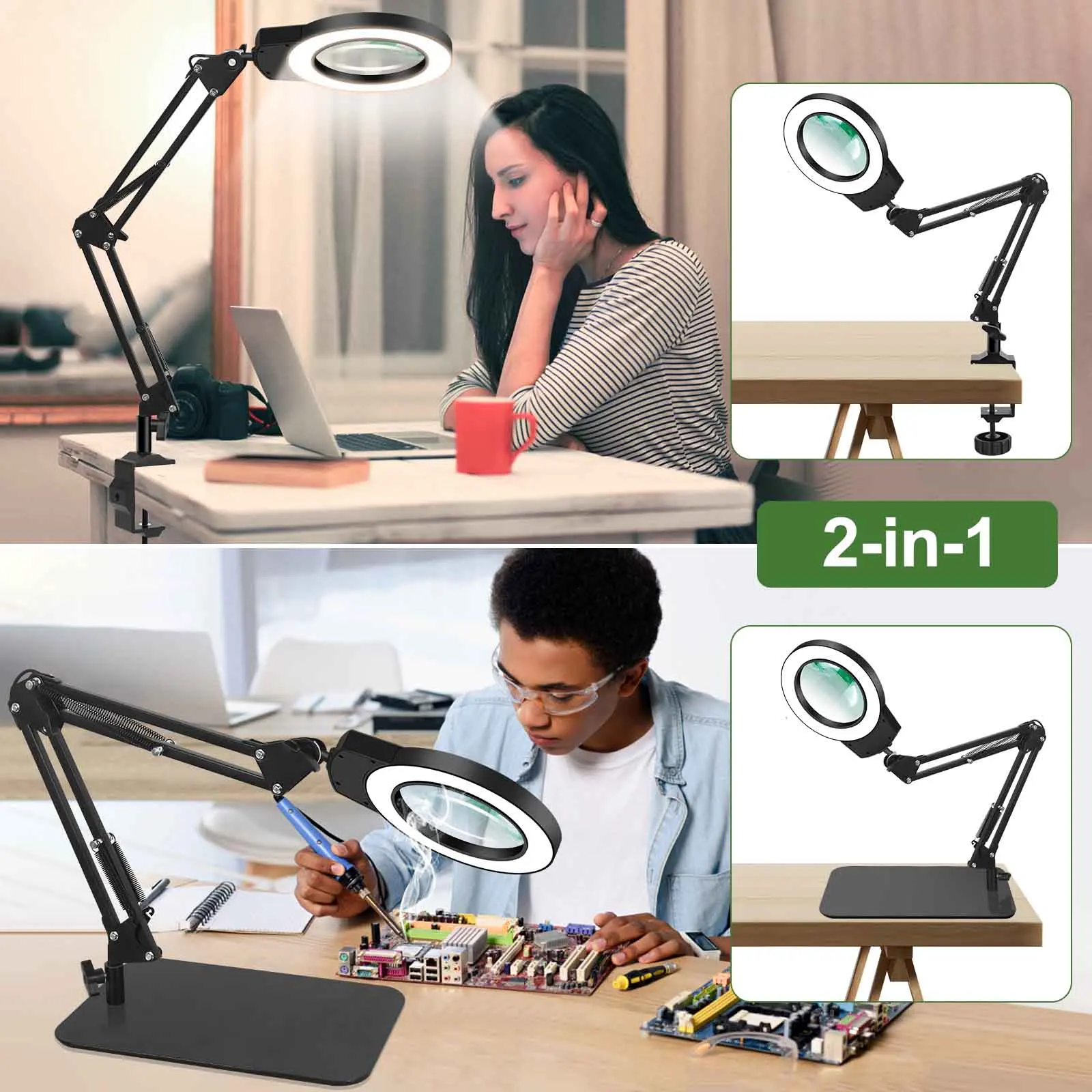 5X Magnifying Lamp with Stand&Clamp and 5 Mode Stepless Dimmable Adjustable Swing Arm LED Lighted Desk Lamp Hands Free Magnifier