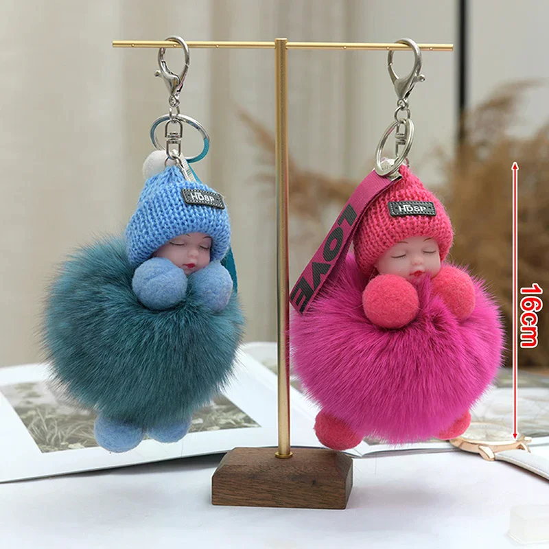 Pompom Sleeping Baby Keychain Cute Fluffy Plush Doll Keychains