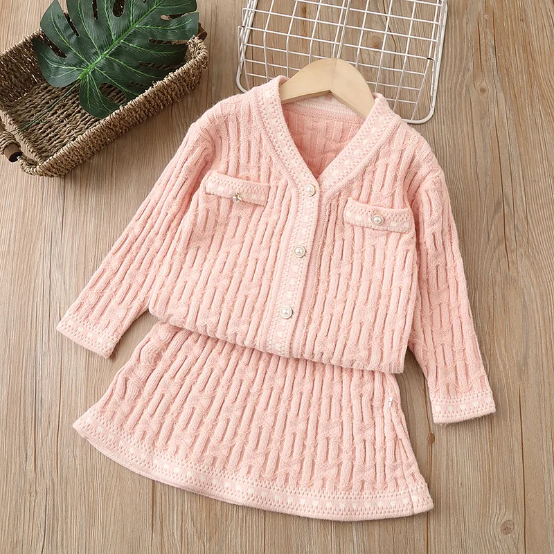 2-6 Year Old Girl Dress Set 2023 New Autumn Single Breasted V-neck Knitted Cardigan+Short Skirt 2PS Cute Lively Princess Dresses