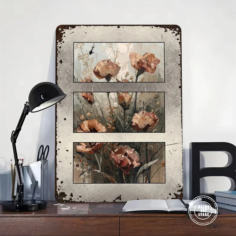 Abstract Floral Triptych Painting Metal Poster Tin Signs Wall Art Things for Room Design Custom Metal Sign for Home Decoration