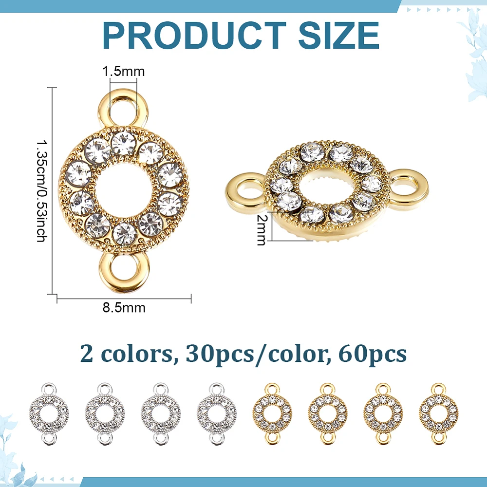 60pcs Flat Round Link Charms Rhinestone Connectors Charms Alloy Round Jewelry Links Ring Circle Charm Links Double Loop Jewelry