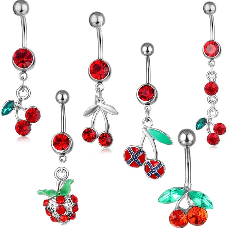 1Pcs Cherry Pendant Belly Button Ring Drop Dangle Body Belly Piercing Fruit Belly Button Nails Bellys Navel Rings Button Rings