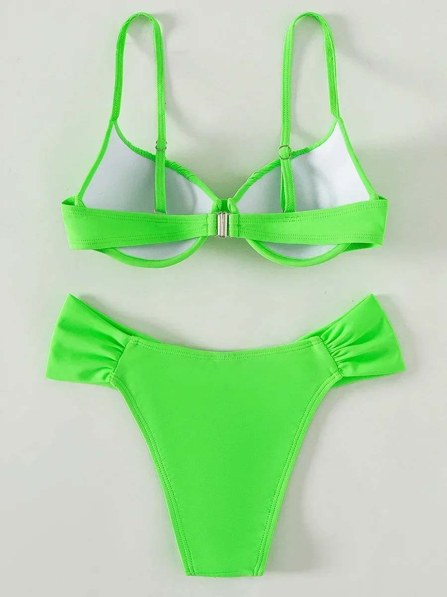 Neongrüner faltiger Bügel-BH Cup Bikini Damen Badeanzug Damen Bademode Zweiteiliges Bikini-Set Badende Badeanzug Schwimmen Dame