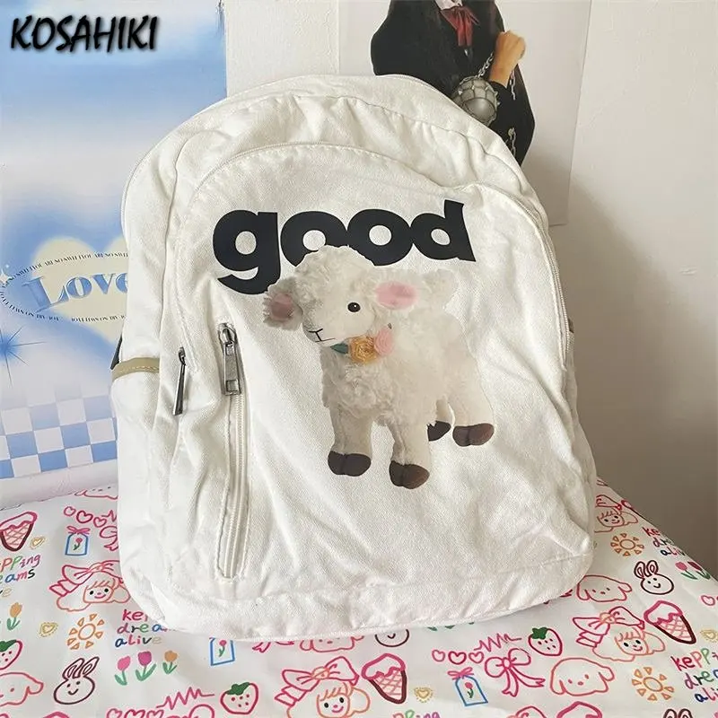 Cartoon Cute Sheep Print Schoolbags Japanese Anime Preppy Kawaii Girls Backpack Y2k Aesthetic Harajuku High-capacity Canvas Bags