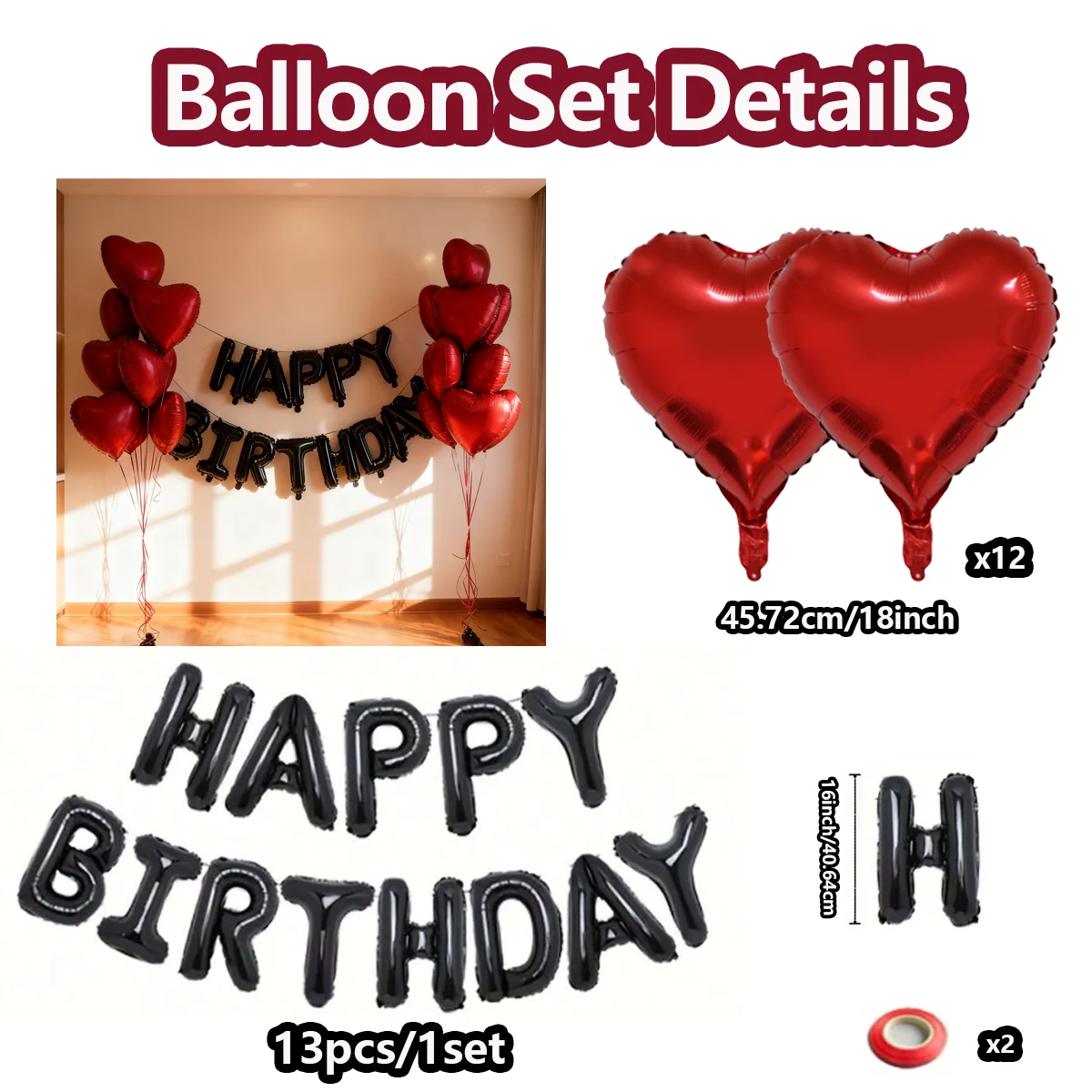 Schwarzes Happy Birthday-Ballon-Set, rotes Herz, Ballon, Schleife, Aluminiumfolie, Ballon für Geburtstagsparty-Dekoration, Fotografie-Requisiten – Detail 4