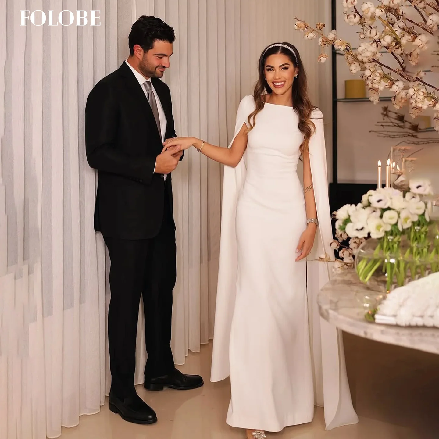 

FOLOBE Белое элегантное вечернее платье русалки в Дубае с вырезом лодочкой и длинными рукавами для женщин Свадебные платья Платье для выпускного вечера по индивидуальному заказу