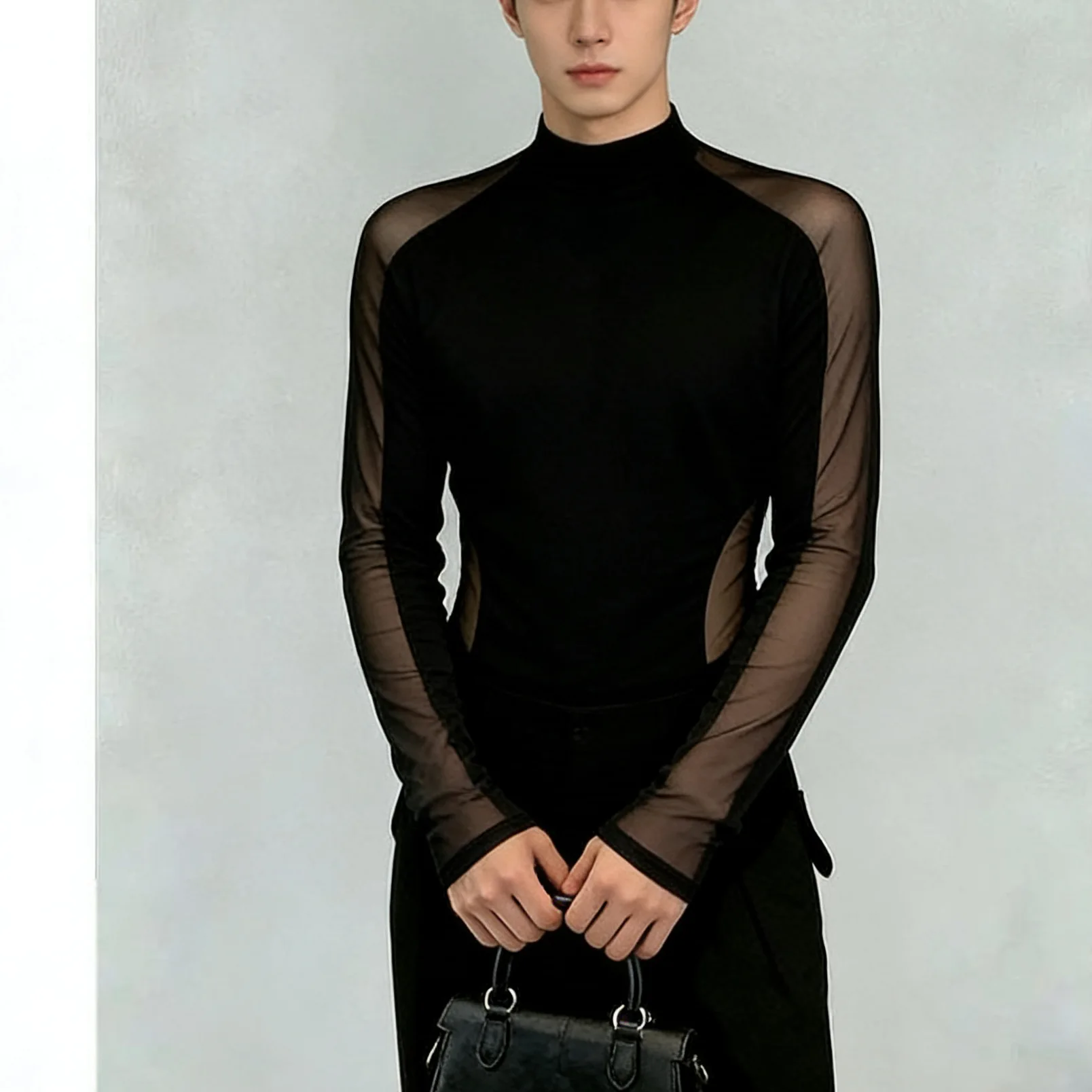Large Size Men's Black Mesh Long-sleeved T-shirt Perspective Elastic Tights Bottoming Shirt Night Men's Model Clothes