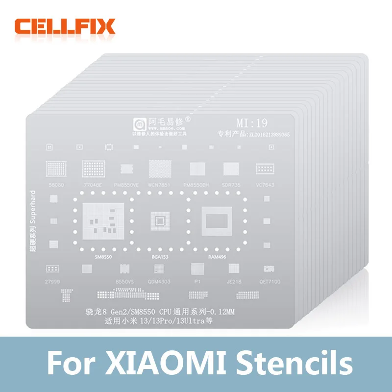 

AMAOE MI 1-19 BGA Reballing Stencil Template for XIAOMI REDMI Universal 0.12mm CPU Planting Tin Steel Net Template