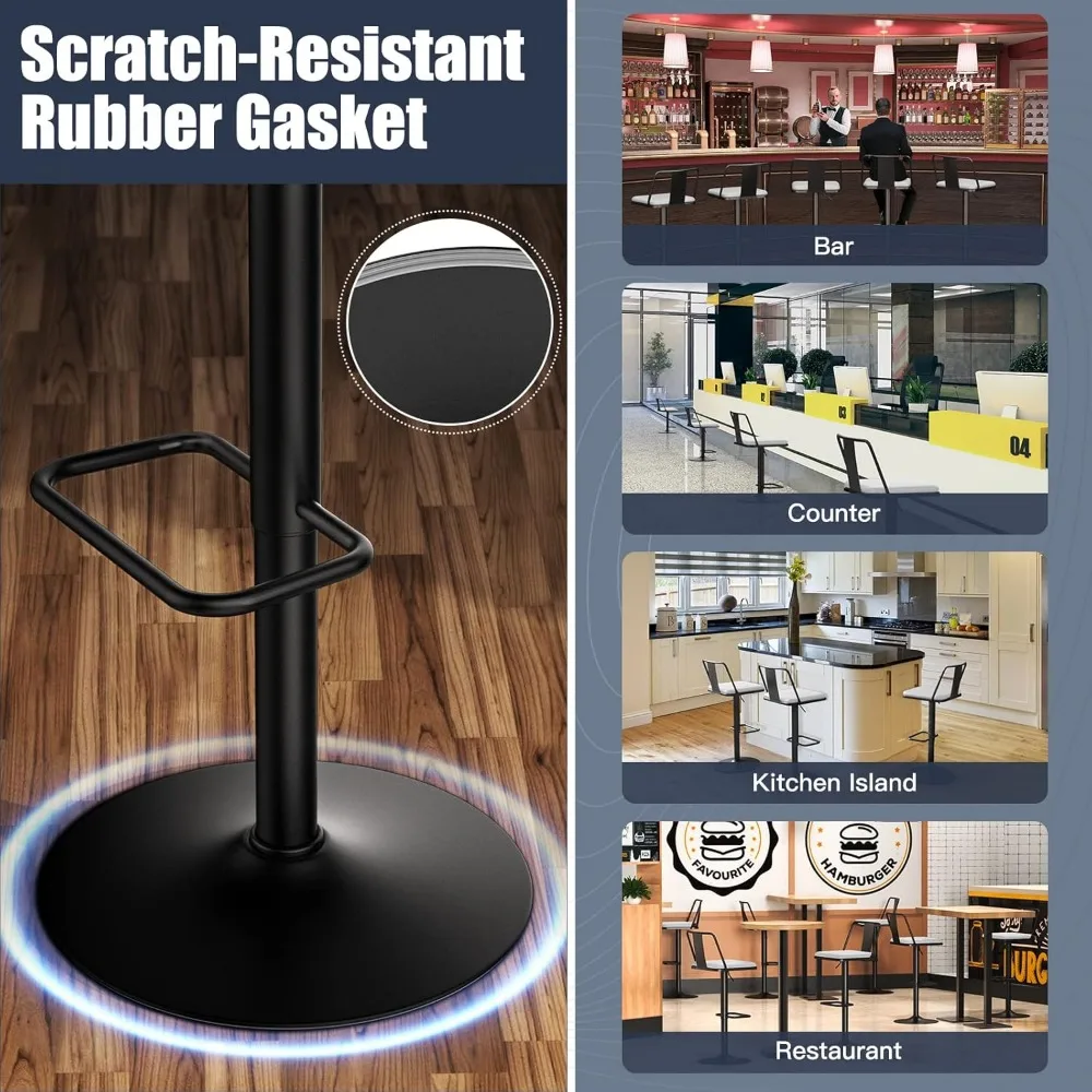 Metal Swivel Barstools Conjunto de 2, Assento de couro PU ampliado com costas de metal, ajustável de 24 a 33 para altura do contador