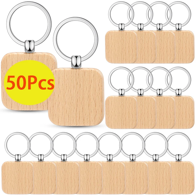 50Pcs Blank Square Wooden Key Chain Diy Wood Keychains Key Tags Diy Gifts