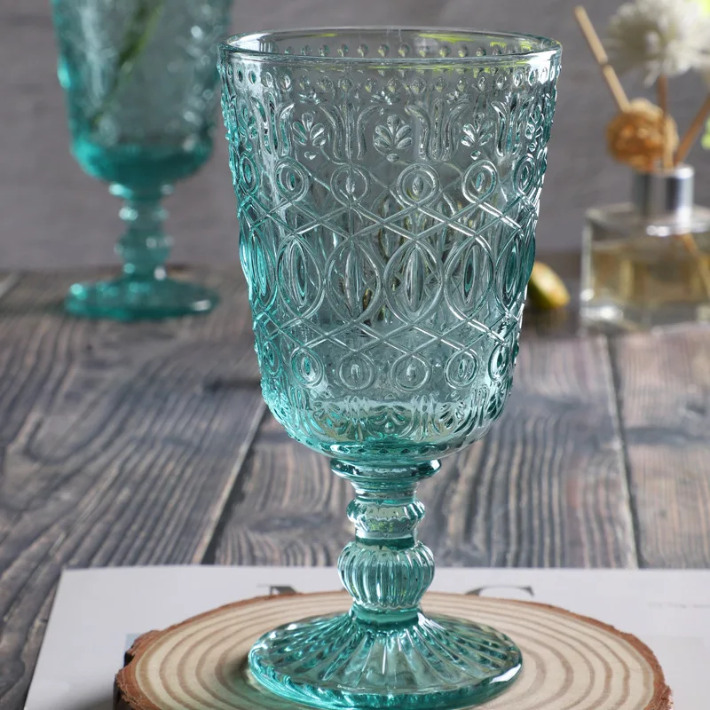 Vintage Embossed Auspicious Cloud Pattern Glass Cup, Colored Goblet, Wine Water Glass, Pressed Skyblue Green Purple, 270ml, 9oz