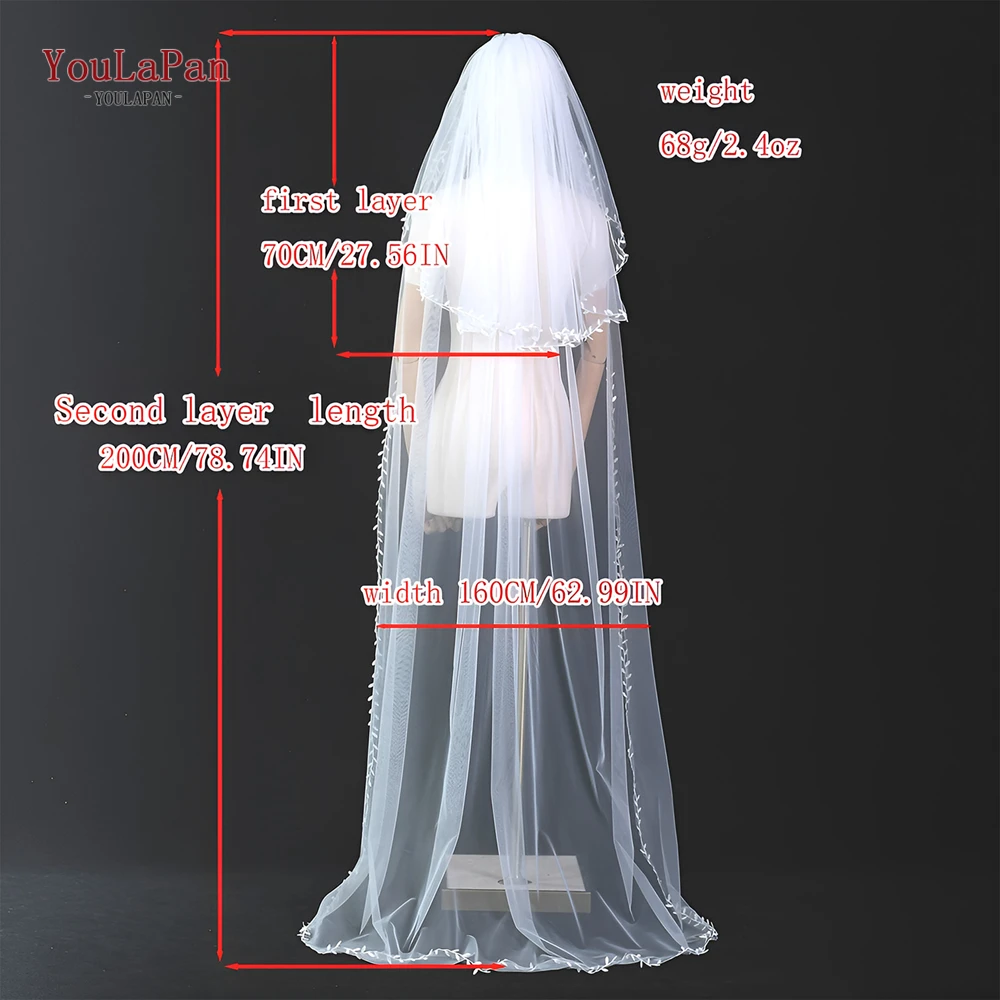 YouLaPan V141 2 Tiers Bridal Veil Elegant Wedding Veil with Blusher French Alencon Lace Cover Front and Back Oval White Bride