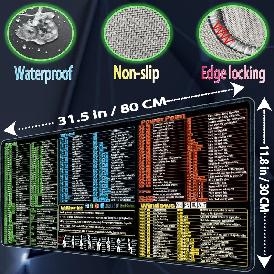 Excel Word Power Point Windows Mouse padNonSlipandWaterproof Large Gaming Office pc Desk mat XL 31.5 x 11.8 in Over 200 Keyboar