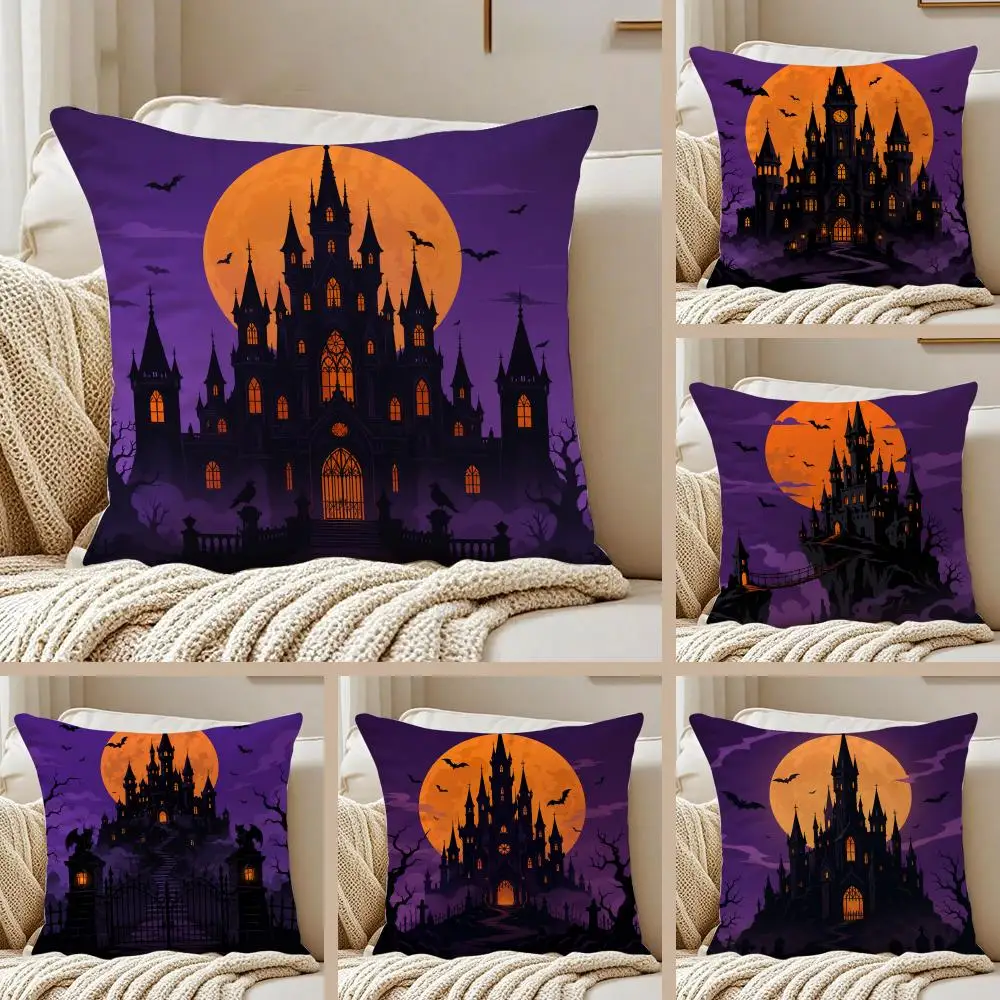 Halloween Haunted Castle Cushion Cover Pillowcase Anti-dustmite Invisible Zipper Short Plush Sofa Cushion