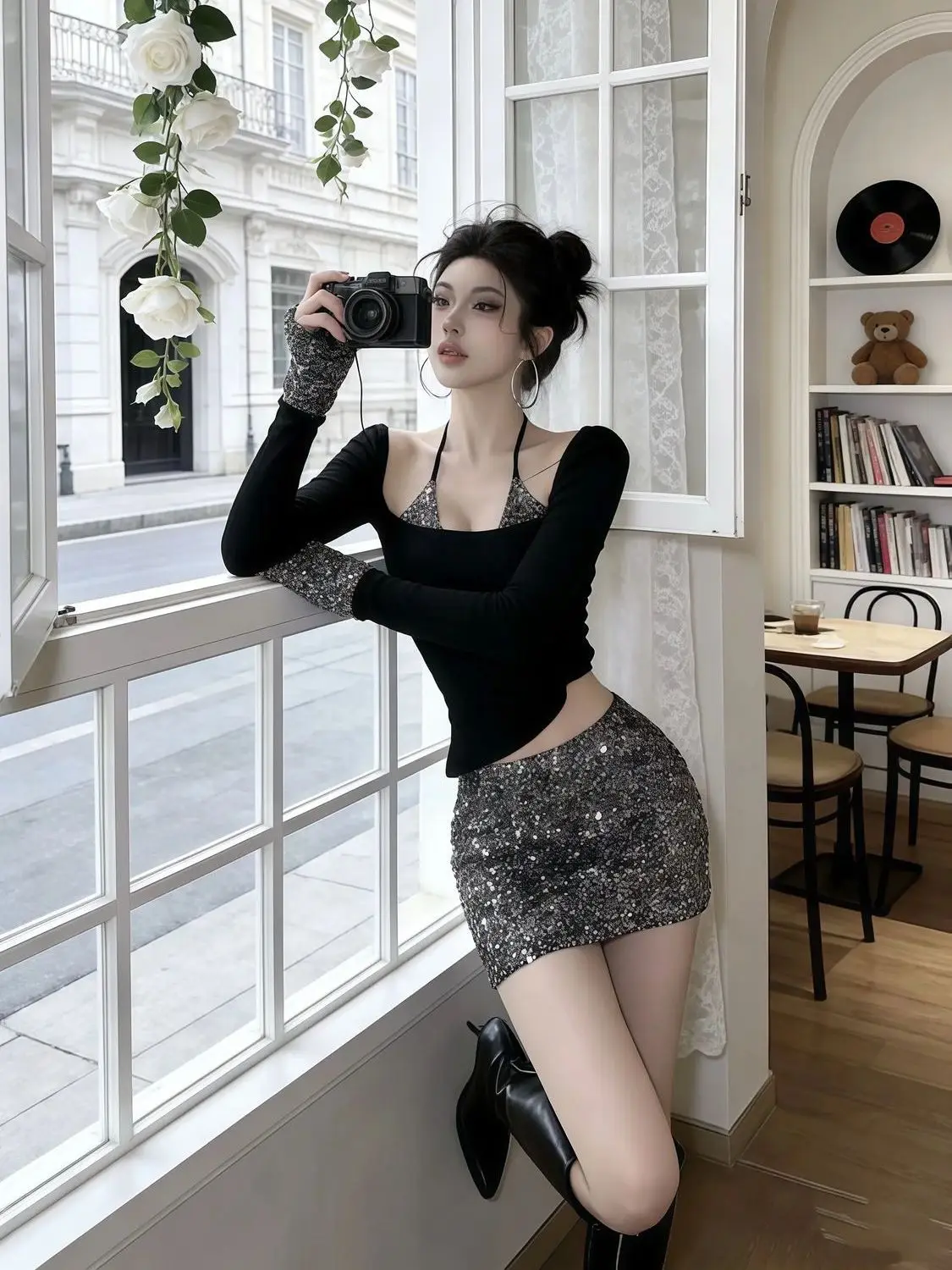 Temperament 2 Piece Sets Women's Clothing Square Collar Black Tops Heavy Sequin Mini Bodycon Skirts Suit Fashion Sexy Outfits view 2