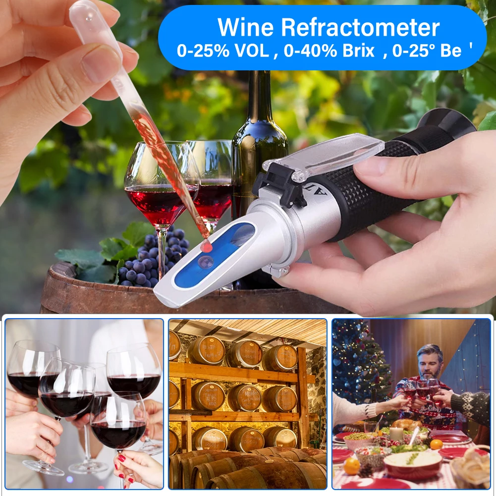 3-in-1 Grape Wine Refractometer 0-25% Alcohol 0-40% Brix 0-25°Baume\' Tester Concentration Meter with ATC for Brewing Winemaking