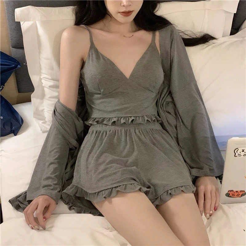 Pajamas Set with Chest Pad Girls Instagram Sexy Halter Homestays Long Sleeved Pajamas Three-piece Set Spring and Summer