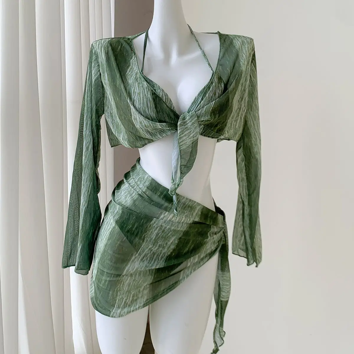 

Women Summer Sexy Bikini Set Green Long Sleeve Swimsuit 4pcs with Skirt Cover Up High Waisted Bathing Suit Push Up Beachwear