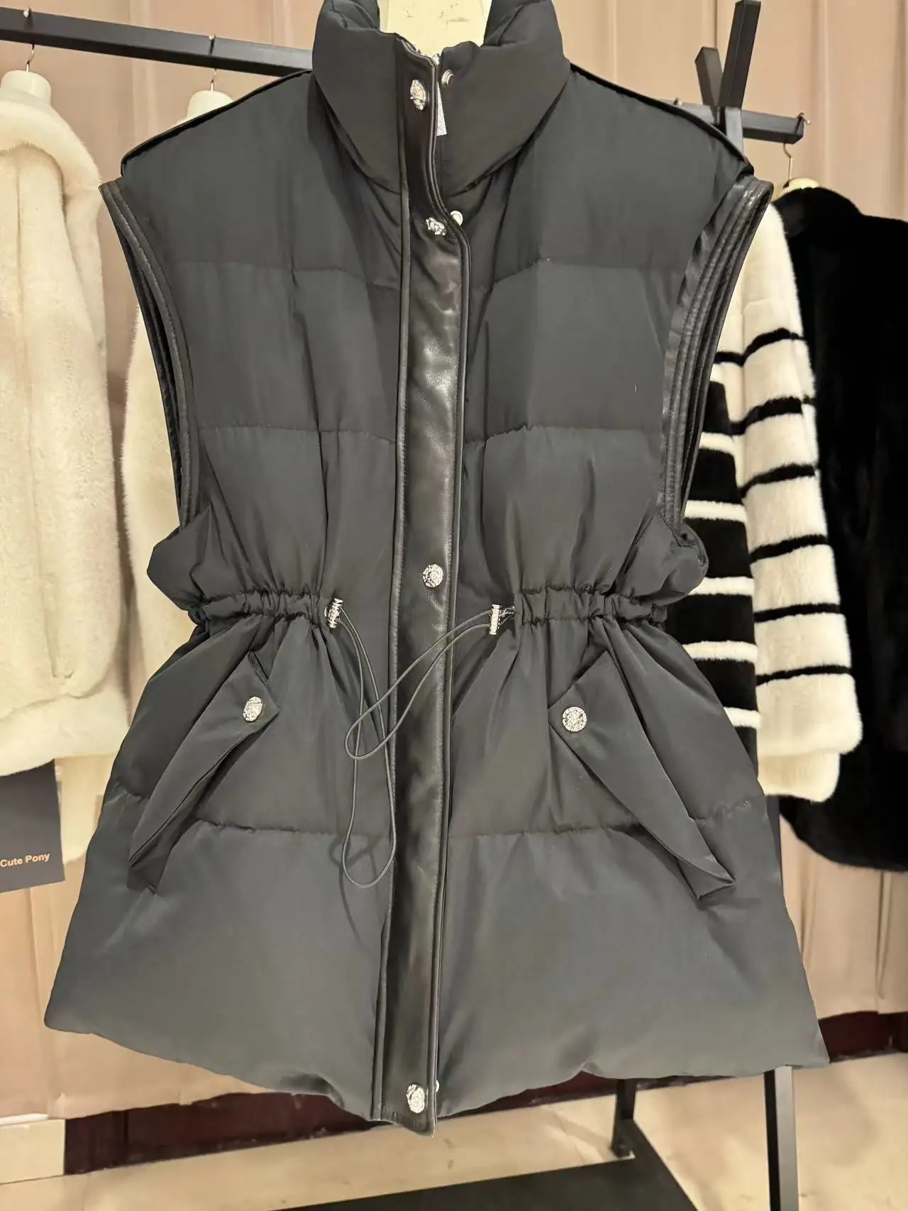 lUXURY women fashion goose down vest black standing collar middle length warm and thick beautiful vest