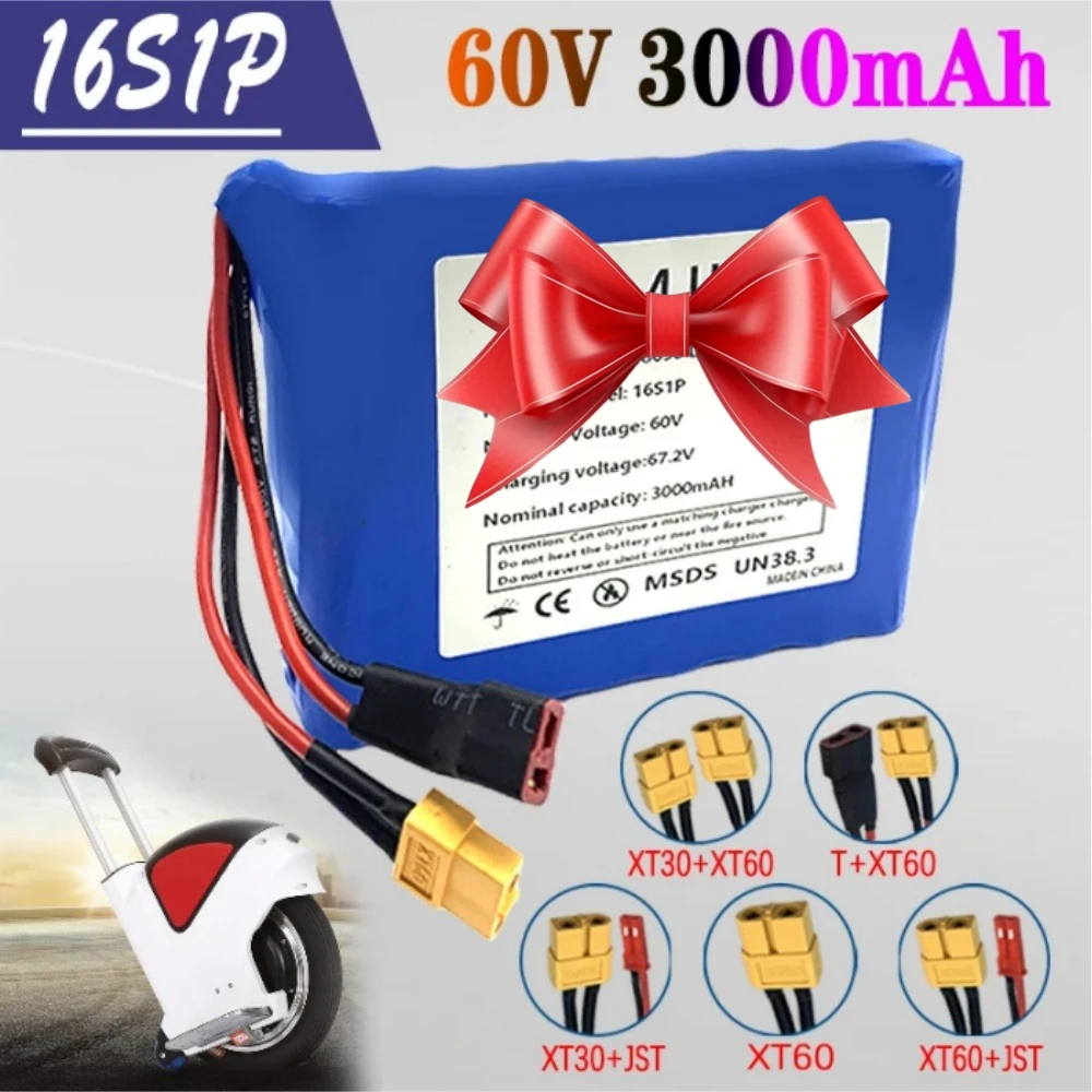 

18650 16S1P 60V 3.0Ah Lithium Battery Pack with BMS for Electric Unicycle Self Balance Scooter 3000mAh Rechargeable Battery