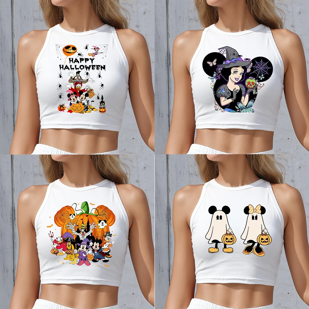 

Fashion Disney Sleeveless Crop Top Halloween Woman Tees Cartoon Off Shoulder T Shirt Female Tops Mickey Minnie Clothes