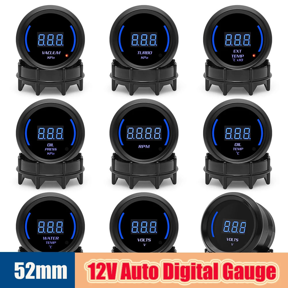 

52mm Car Digital Voltmeters Water/Oil Temp Gauge Turbo Boost Gauge Exhaust Gas Temp EGT Meter Tachometer RPM for 4/6/8 Cylinder