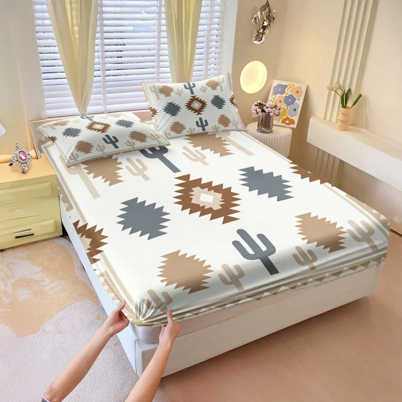 Southwestern Aztec Cactus Print Fitted Sheet Set Bedding Set no Fillers Stretch Soft Western Dorm Bedroom Bedding Decor