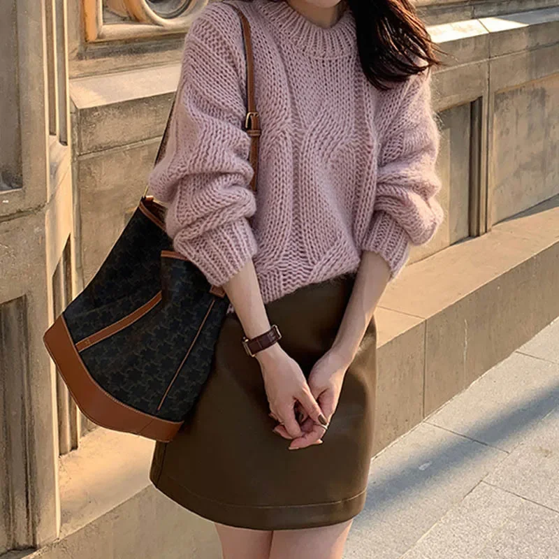 

Coarse Yarn Knitted Sweater for Women Autumn Winter Lazy Style Stretch Twist Pullovers Vintage Solid Color O-Neck Jumpers Mujer