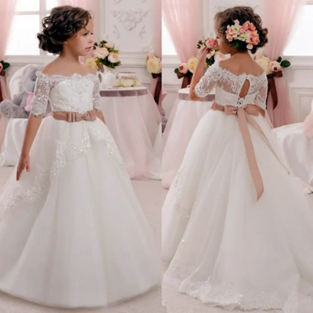 

Gorgeous Lace Wedding Flower Girl Dresses Appliques With Sash Infant Toddler Kids First Communion Dress Birthday Prom Party Gown