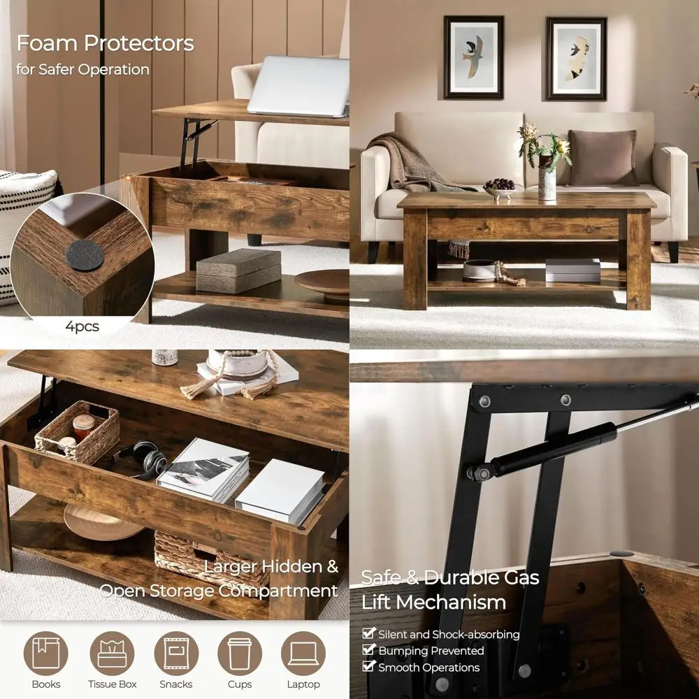 

Rustic Brown 47.2 Lit Coffee Table with Hidden Compartment and Storage Shelf for Dining or Living Room