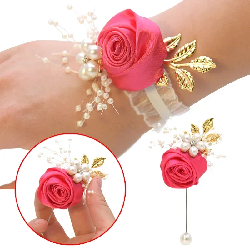 Fleurs de poignet de demoiselle d'honneur pour filles, boutonnière de fête de Rhde mariage, bracelet en satin rose, fleurs à la main en tissu, accessoires d'approvisionnement de mariage