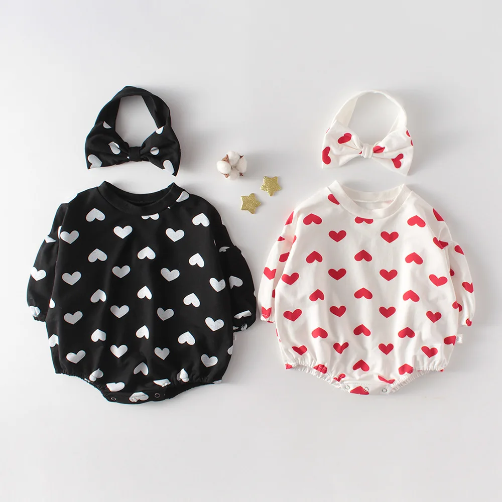 Roupas de primavera para bebês meninas, moletom com capuz de manga comprida em formato de coração, macacão, roupa de escalada, faixa de cabeça incluída.