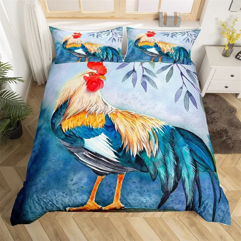 Rooster Bedding Set Farm Animal Duvet Cover Full King Queen Size Microfiber 2/3PCS Farmhouse Chicken Quilt Cover With Pillowcase