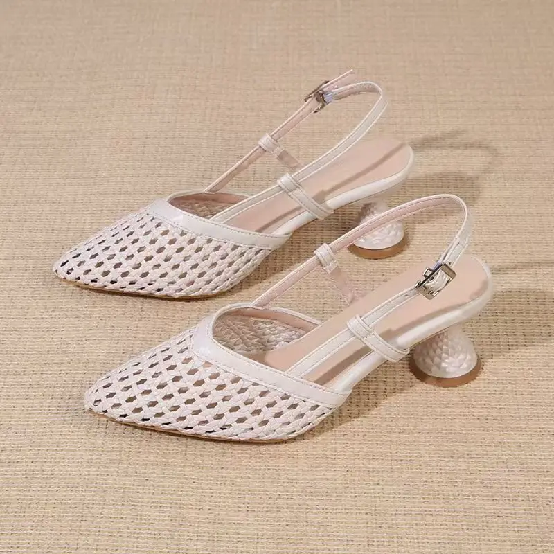 

Women Leather Woven Closed Toe Hollow Out Sandals Summer New Soft sole Non Slip Slip On High Heel Sandals Match The Skirt Sandal
