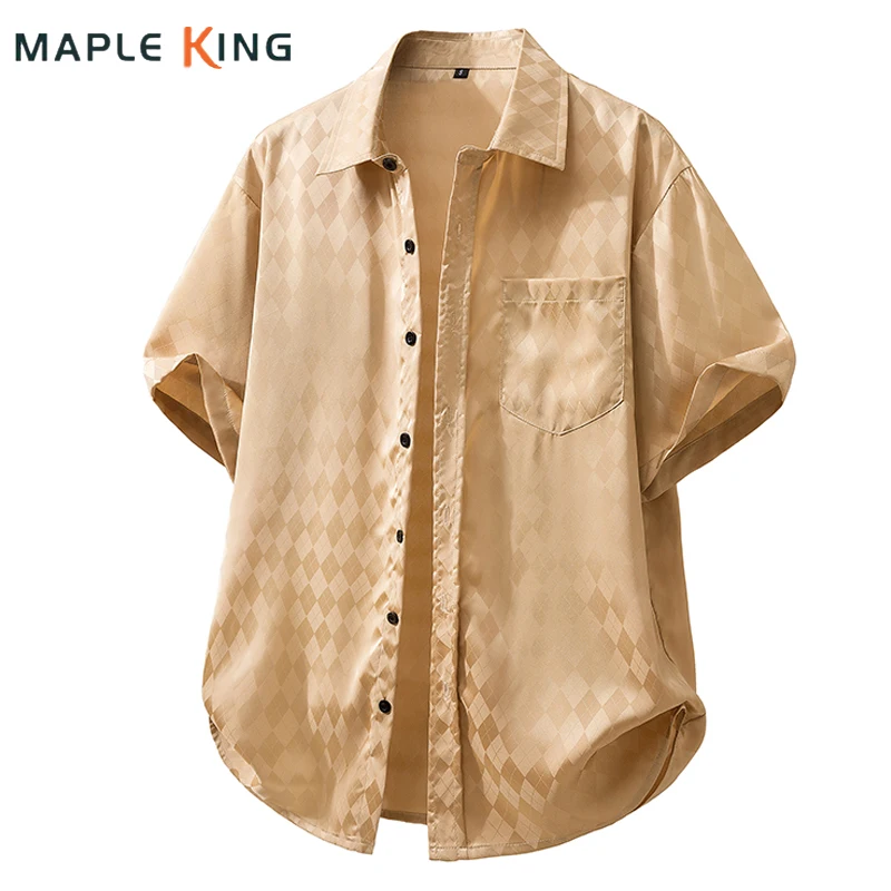 

Diamond Plaid Satin Cuban Shirt Tops for Summer Men Clothing Camisas Hawaianas De Hombre Man Loose Beach Hawaiian Shirt Homme