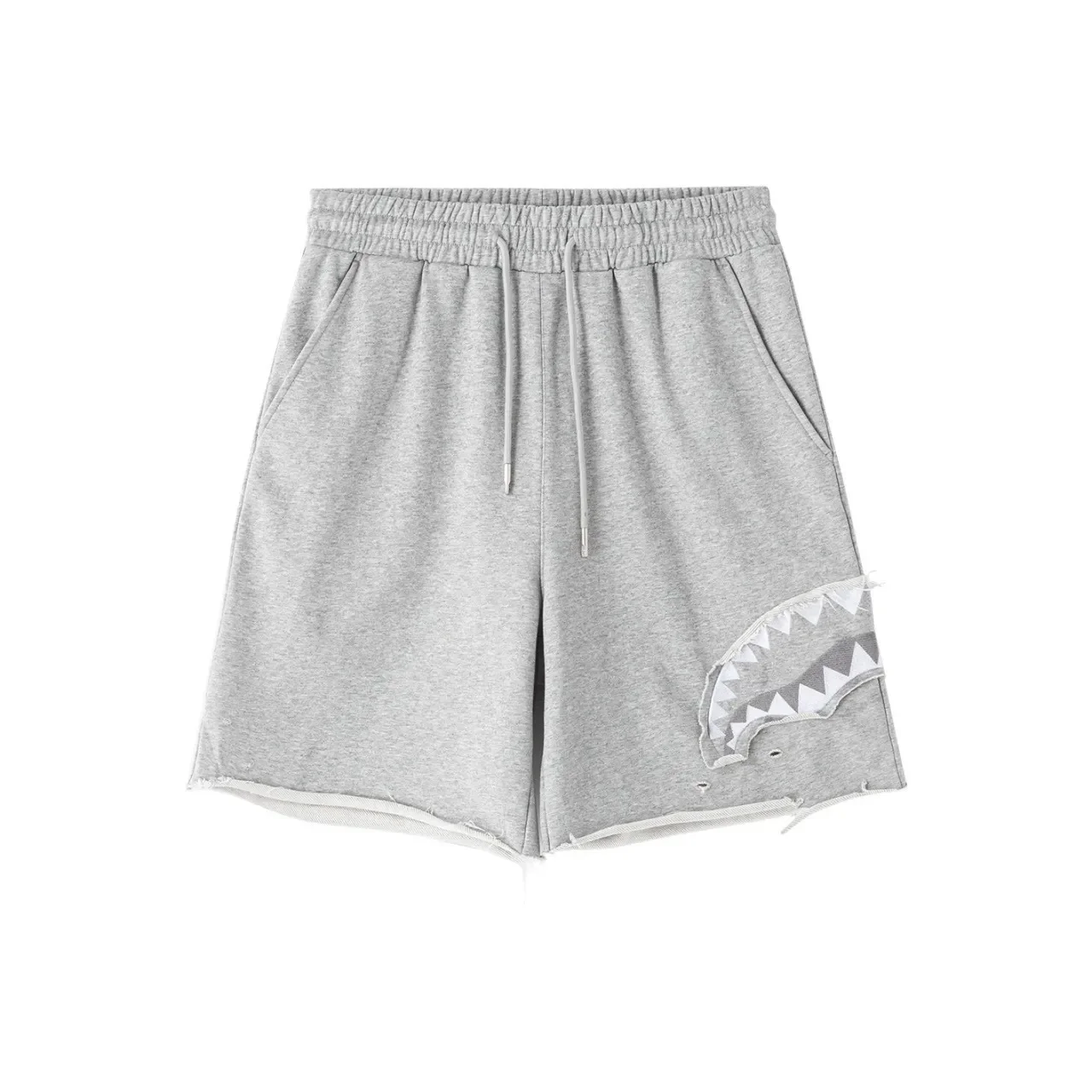 Shark Teeth Patch Sweat Shorts Unisex Raw Frayed Hem Ripped Hole Drawstring Loose Bermuda Shorts Hip Hop Streetwear Casual Sport