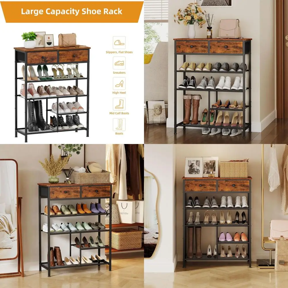

5-Tier Shoe Storage Organizer with Wooden Top and Metal Shelves, Freestanding Rack for Entryway