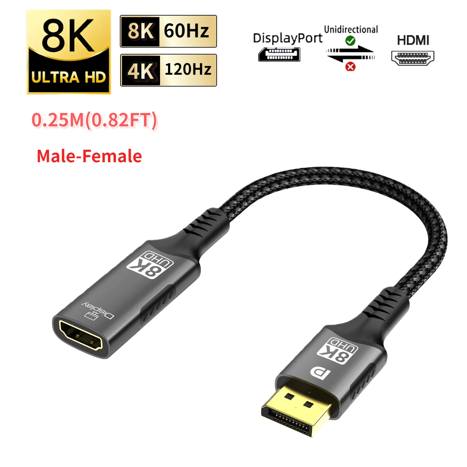 8K@60Hz DisplayPort naar HDMI-kabel Unidirectionele DisplayPort naar HDMI-kabel Gevlochten kabel Compatibel voor HDTV/MacBook/Xbox