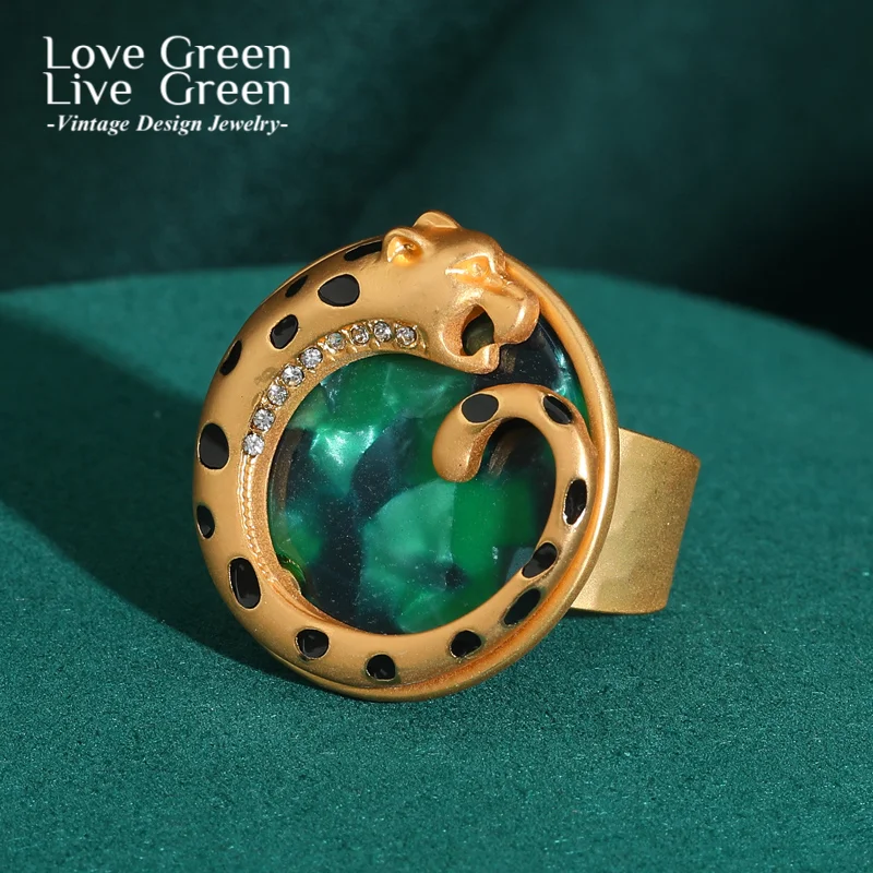 

Vintage Green Colored Shell Leopard Rings Glass Luxury Brands Jewelry Dubai 2025 Trend Woman Antique Gold Color Accessories